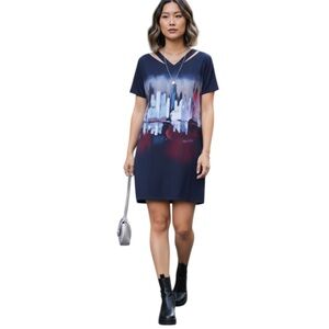 Willow & Thread Skyline Print Sheath Flowy V Sleeved Tunic Dress Lightweight L